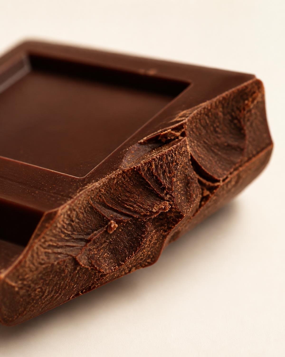 Close-up of a broken dark chocolate bar showing fine snap and texture