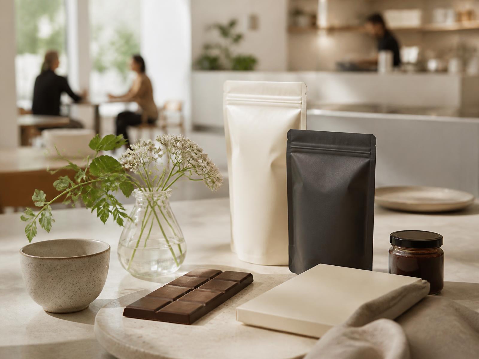 Finished packaged food products on a light table with people in a café in the background
