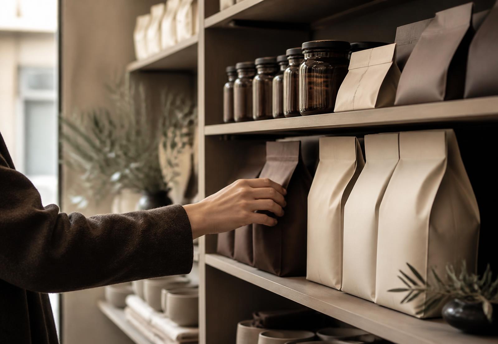 Person selecting a packaged product from a minimalist retail shelf