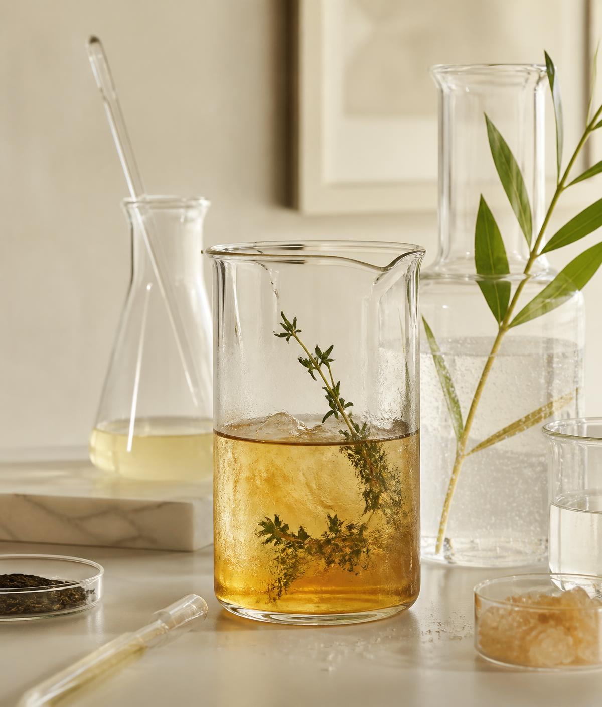 Glass beakers with clear and amber beverages on a light surface
