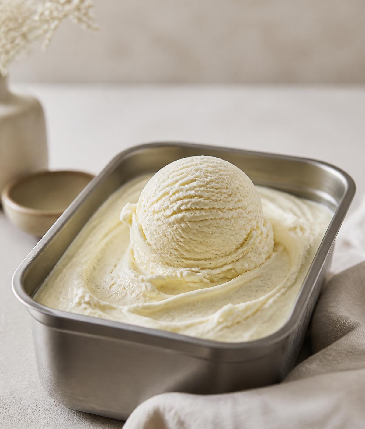 Scoop of creamy ice cream in a stainless container