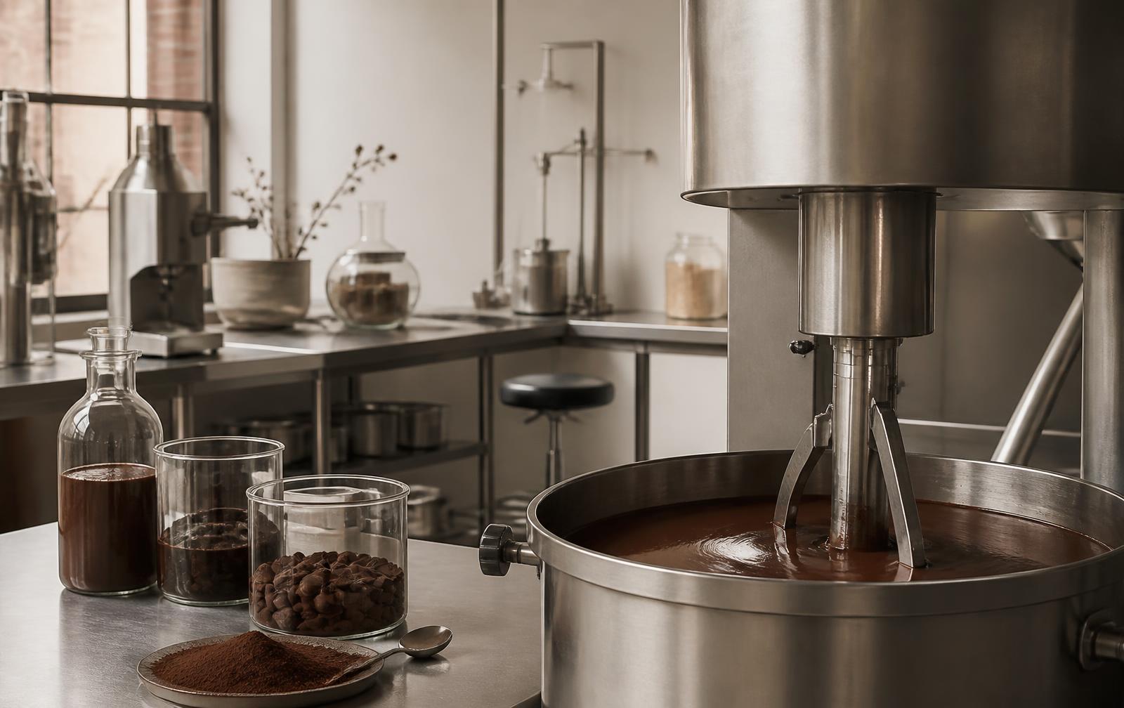 Pilot formulation kitchen with stainless mixing equipment and chocolate mass
